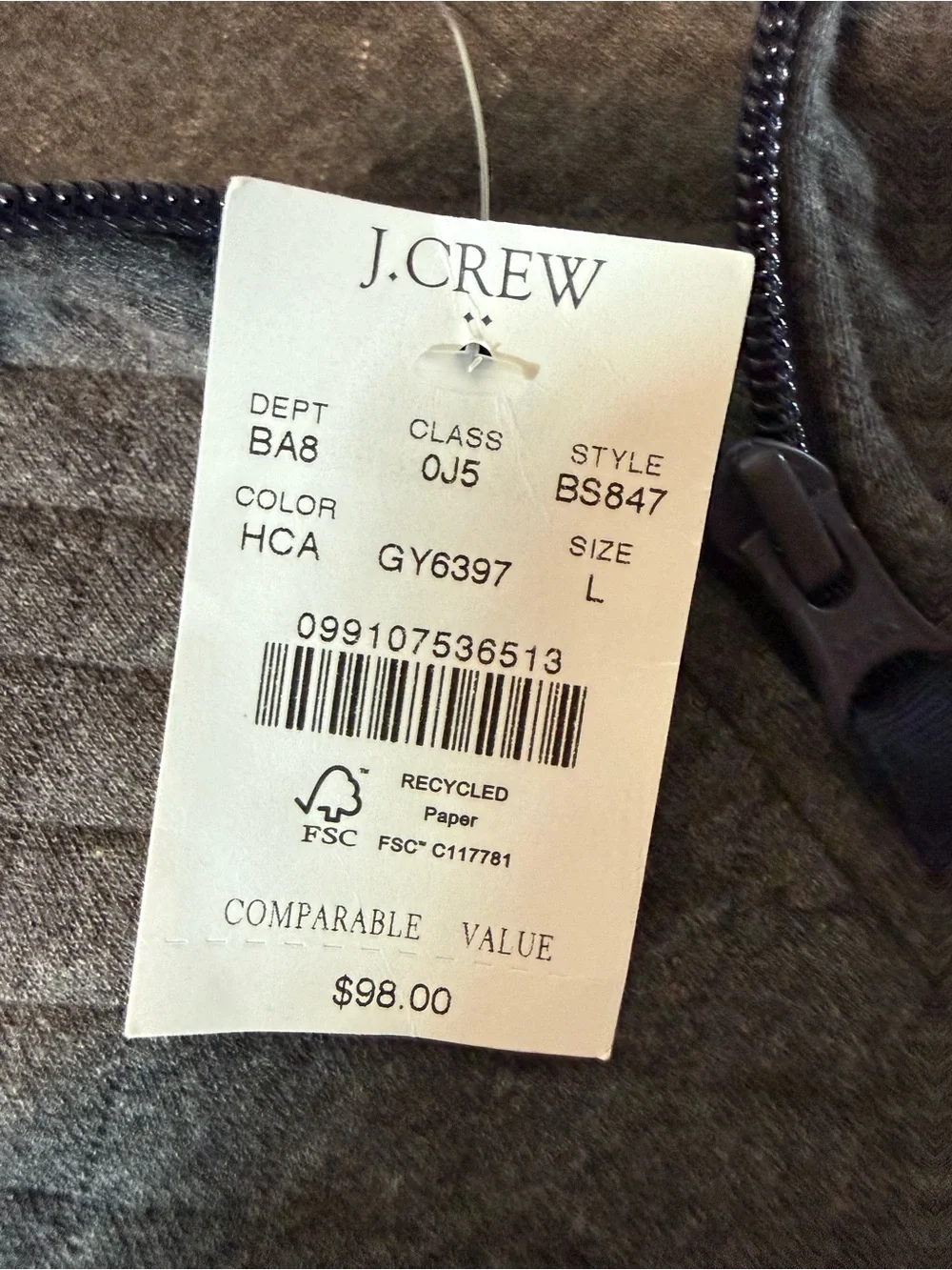 J.Crew Authentic Fleece Quilted Quarter Zip Pullover Charcoal Grey Large